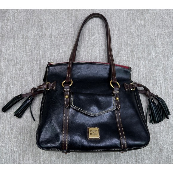 Dooney & Bourke Florentine Leather Toledo Satchel ShoulderBag Black Brown Tassel - Picture 1 of 16